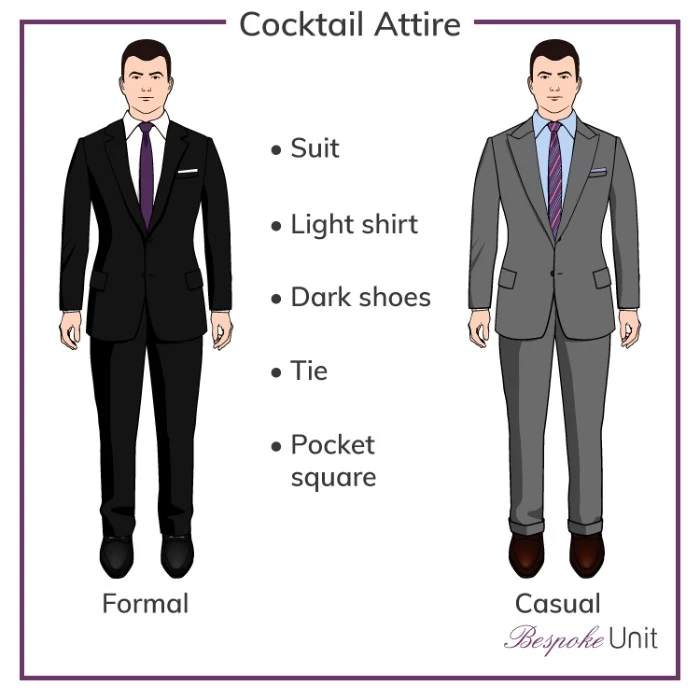 guide for guys, on choosing the right formal outfit, cocktail attire wedding, black suit with a white shirt, and a purple tie, grey suit with a pale blue shirt, and a striped purple tie