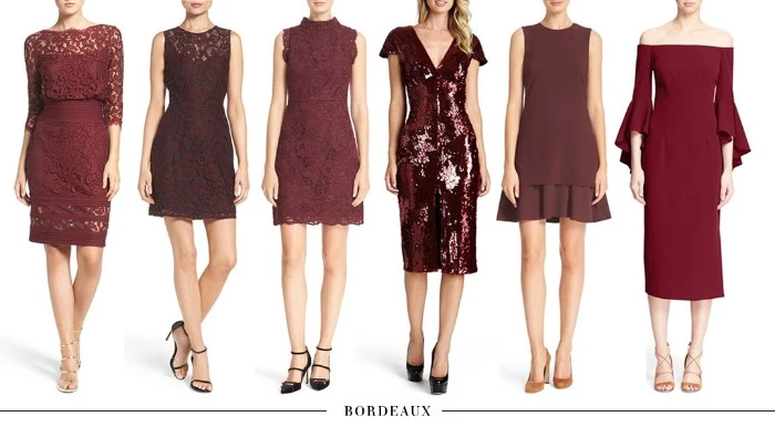burgundy dresses with different lengths and designs, mni and midi, knee-length and just above the knee, with lace and sequins, bell sleeves and frilled hem, what is cocktail attire