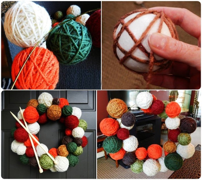 how to make a wreath, with faux yarn balls, hand holding a styrofoam ball, wrapped in a few strands of brown yarn, several completed fake yarn balls, and the finished wreath, decorated with knitting needles, christmas wreath ideas, you can try at home