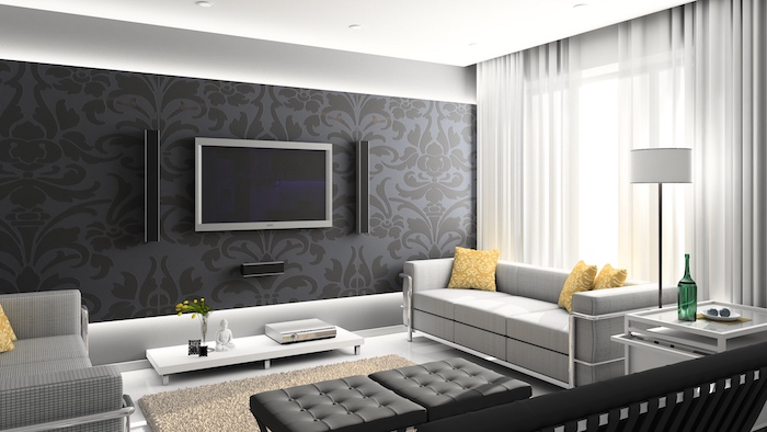 white floor, printed black wall, white and black sofas with yellow throw pillows, grey and yellow carpet, room ideas
