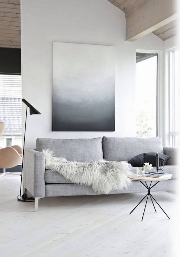 white wall, light wooden floor, light grey sofa, small wooden coffee table, how to decorate a small living room
