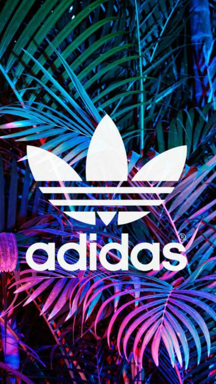 large adidas logo, cool iphone wallpapers, pink and green palm leaves background