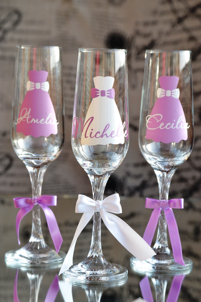 champagne flutes with bows, painted dresses and names, bachelorette games