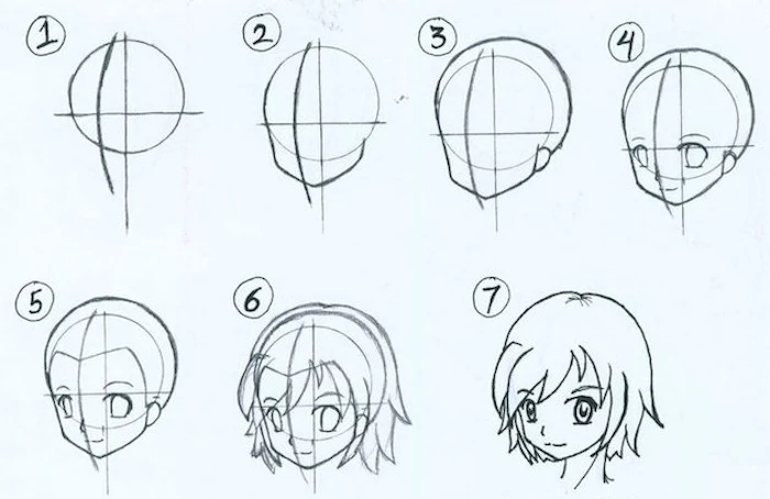 how to draw a girl face, step by step tutorial, white background, anime girl