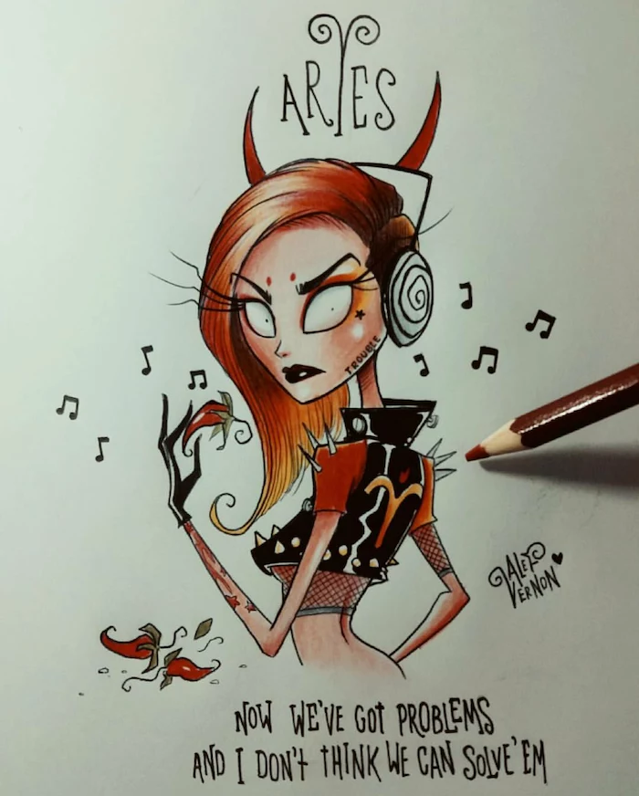 aries zodiac sign drawing, how to draw a braid, black leather jacket, short red hair and horns