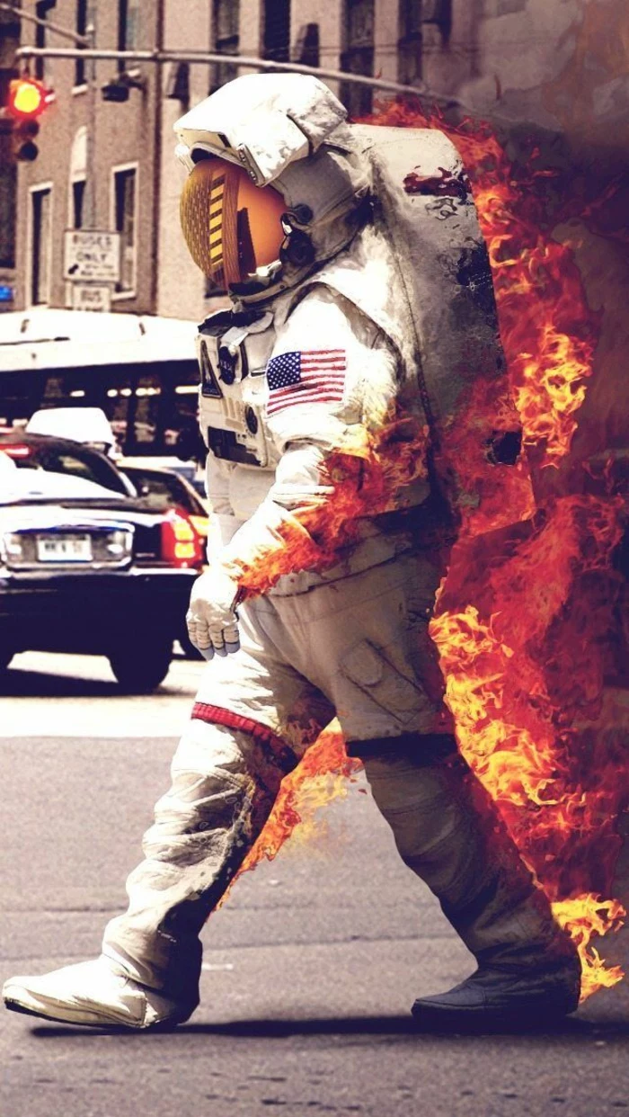 astronaut on fire, cute iphone wallpapers, walking down the street, cars and traffic light in the background