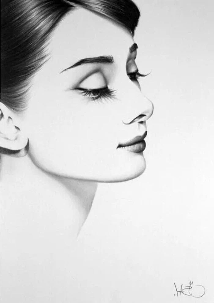 woman drawing, audrey hepburn drawing, black and white sketch, white background