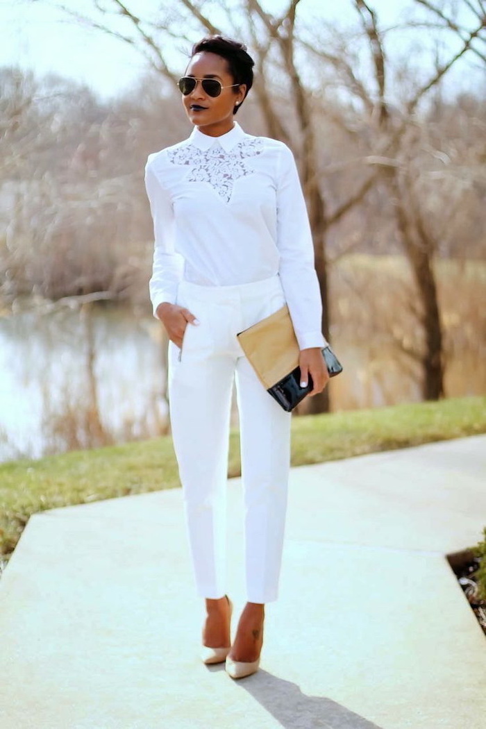 white trousers and shirt, nude shoes, womens business casual clothing, nude and black clutch