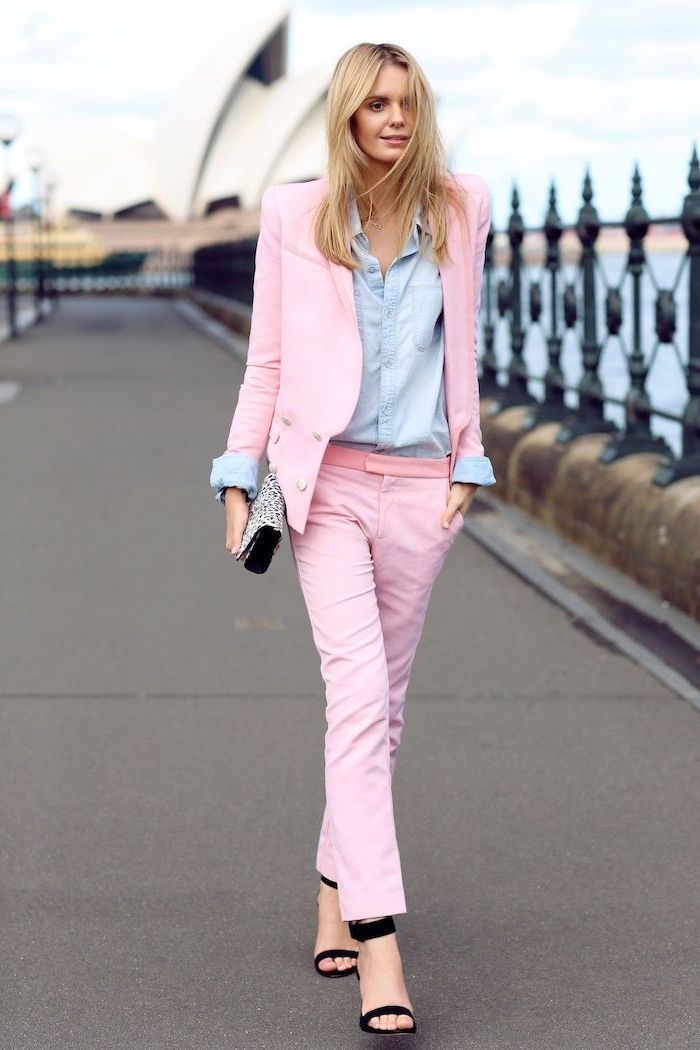 light pink trousers and blazer, denim shirt, business attire for women, black open toe shoes