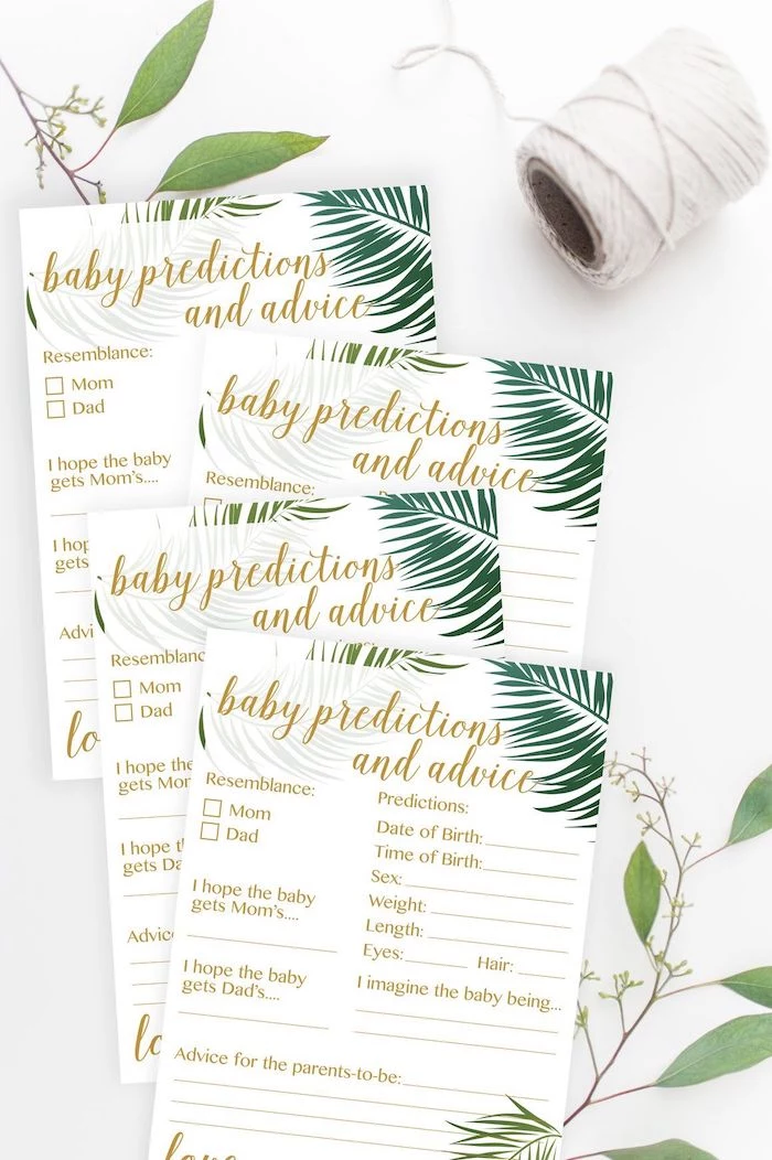 baby predictions and advice game, baby boy shower decorations, greenery and leaves