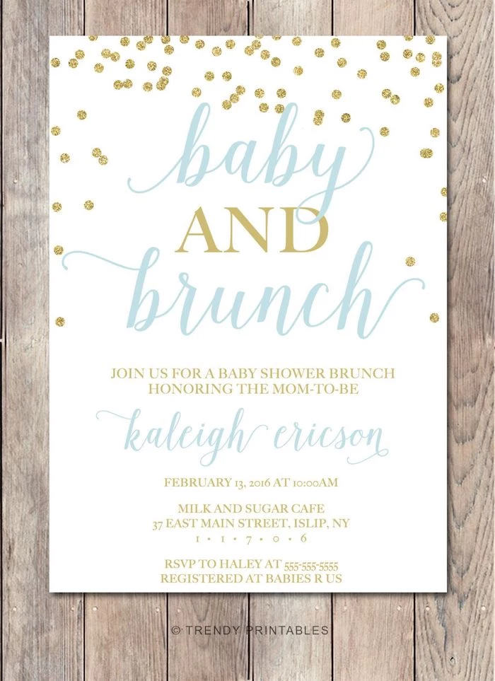 baby and brunch invitation, white blue and gold card, baby boy shower themes, wooden background