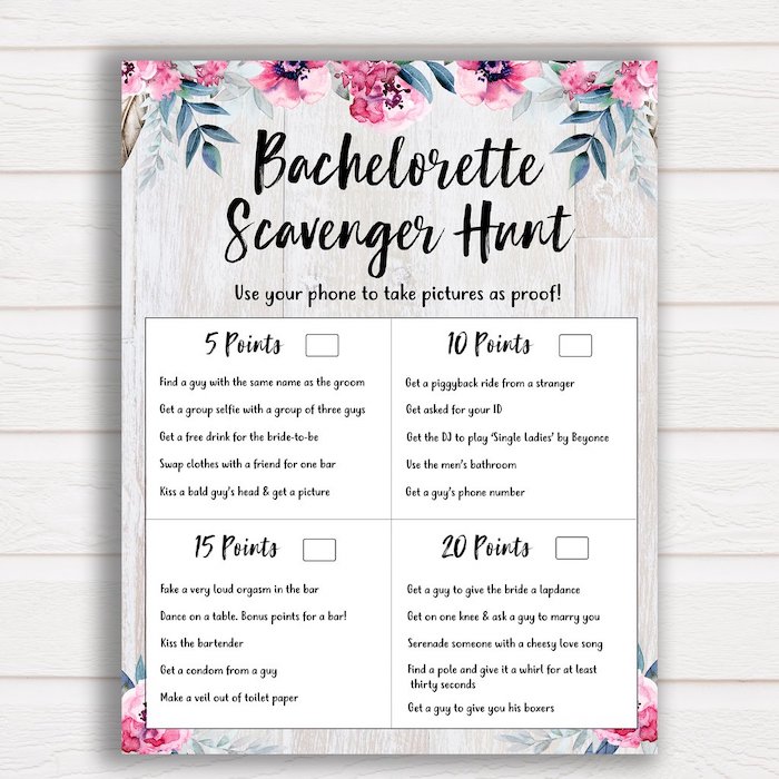 bachelorette scavenger hunt, floral print, white wooden background, bachelorette party themes