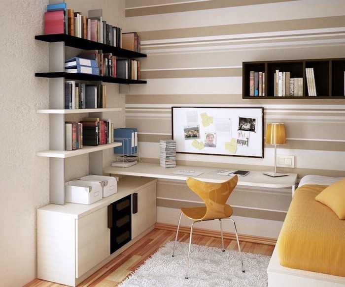beige striped wall, office design, white bookshelves and desk, small wooden chair, wooden floor