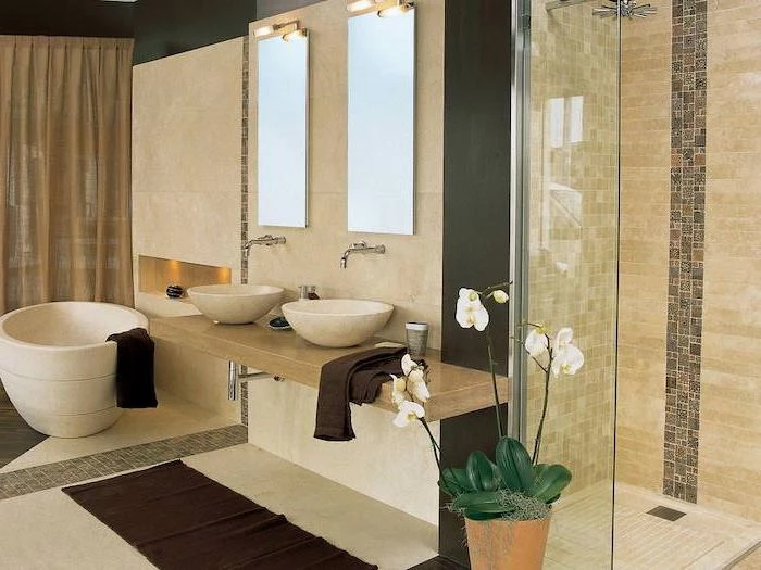 beige tiled walls and floor, two mirrors and sinks, modern bathroom design, floating shelf and sinks