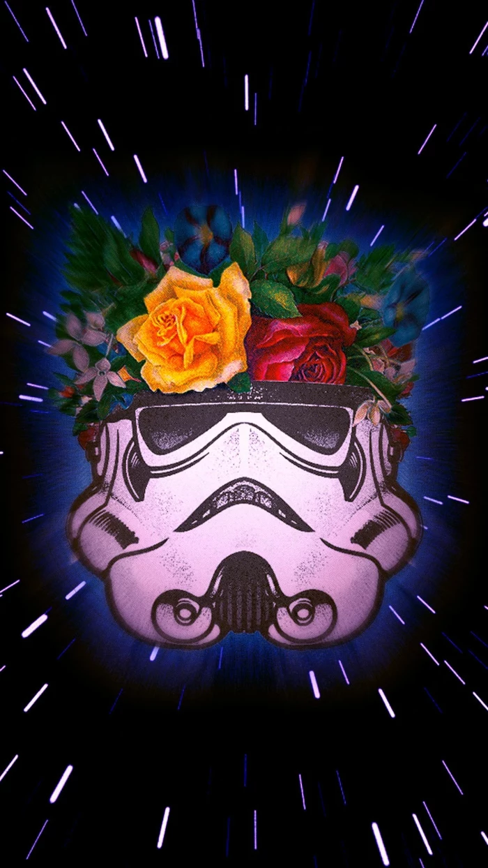 stormtrooper with flowers, pink and yellow roses, cute iphone wallpapers, black background