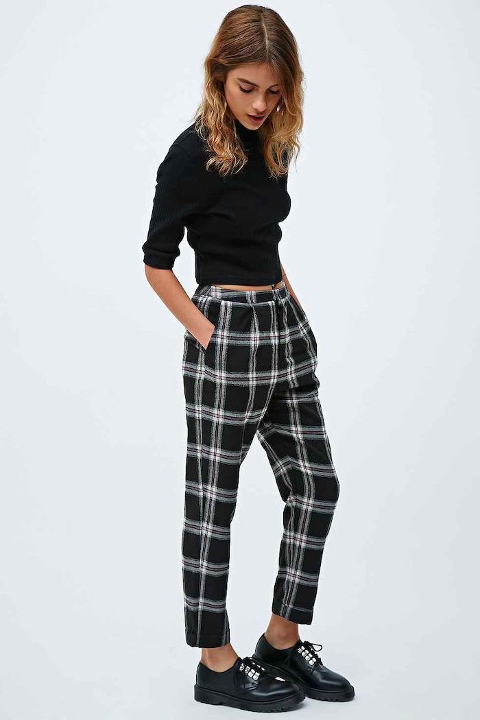 black crop top, black and white stripe trousers, women's professional clothing, black shoes