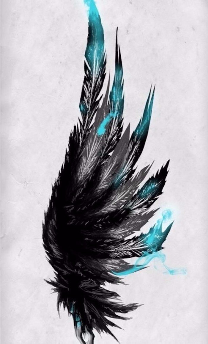 black and blue feathers drawing, meaningful tattoos, white background