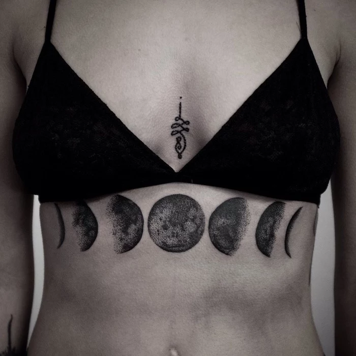 phases of the moon, tattoo under the breasts, black bra, girl chest tattoos, grey background