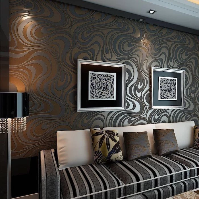 black and brown patterned wallpaper, black and grey sofa, wall designs, abstract paintings