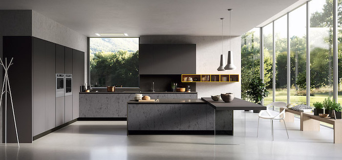 black cabinets and counters, kitchen ideas, grey marble kitchen island, yellow shelf