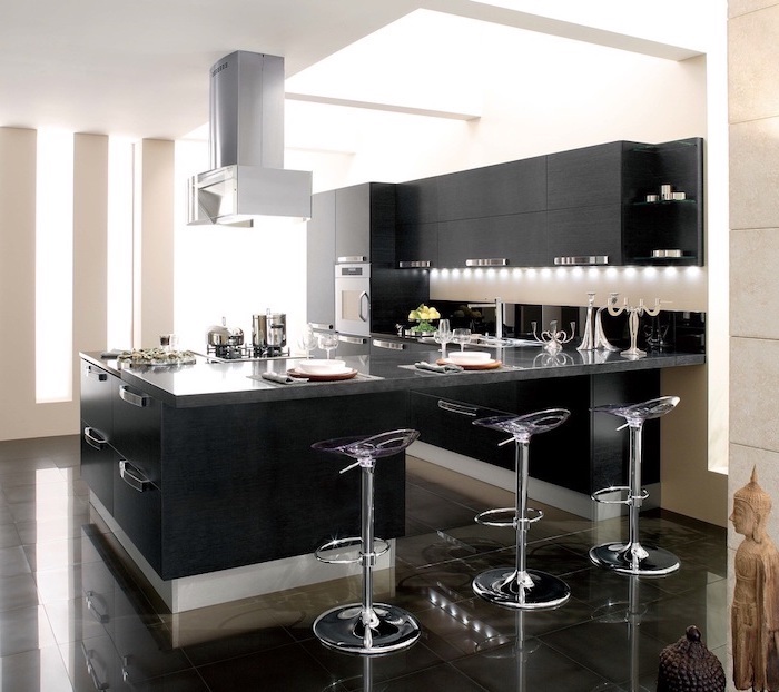 black cabinets and drawers, grey counters, metal bar stools, kitchen decor ideas, tiled floor