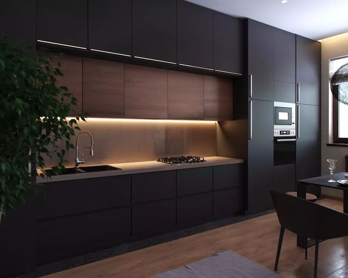 black cabinets and drawers, wooden cabinets and counter, beautiful kitchens, wooden floor