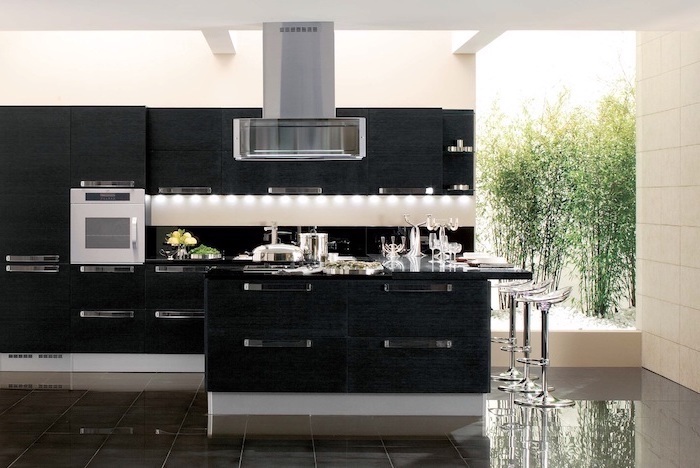 black tiled floor, kitchen decor ideas, black cabinets and drawers, grey counters, metal bar stools