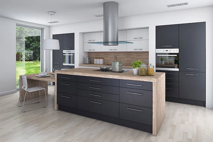 black cabinets and drawers, beautiful kitchens, wooden kitchen island, tiled backsplash, beautiful kitchens