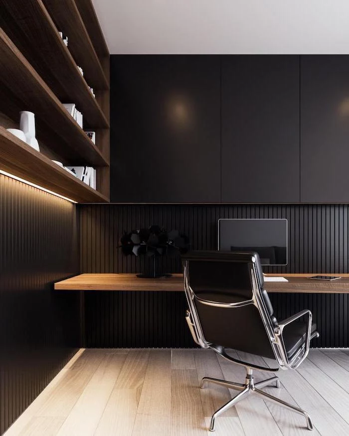 black cupboards, wooden desk and bookshelves, black leather chair, modern home office