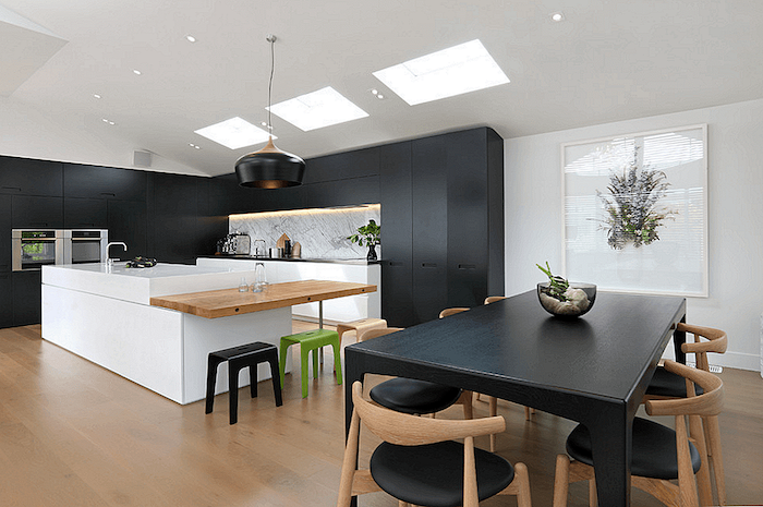 black cabinets drawers and dining table, white kitchen island, kitchen decor ideas, wooden counter
