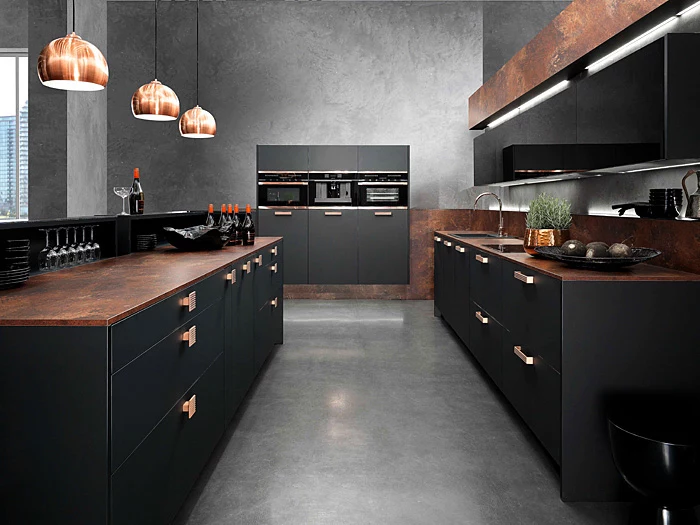 brown marble counters, brass handles and lamps, kitchen design ideas, black cabinets and drawers