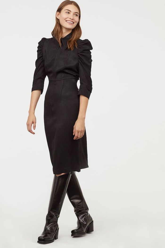 black dress, black boots, short brown hair, business casual female