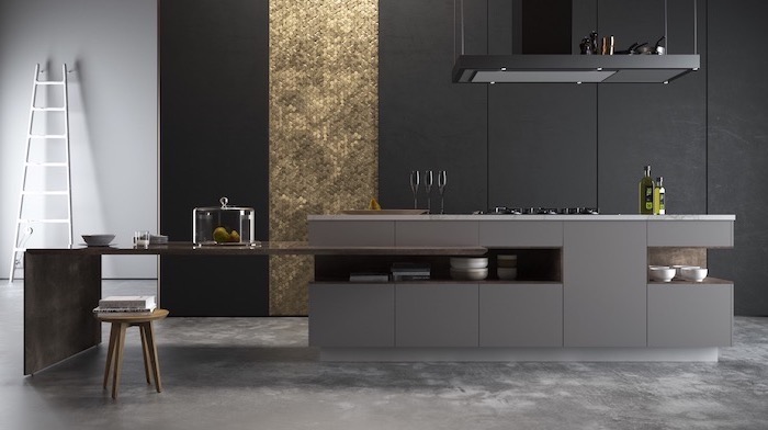 black wall with gold sequinned tiles, grey cabinets, small wooden stool, kitchen ideas