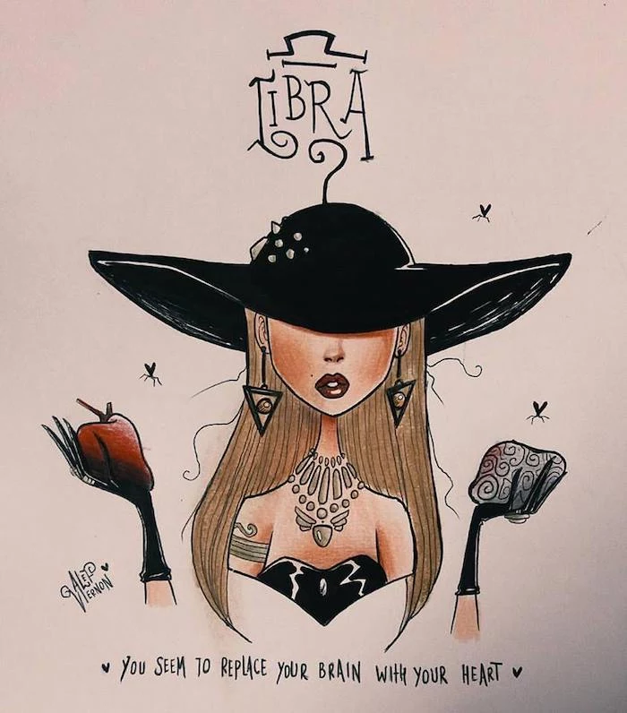large black hat, libra zodiac sign drawing, girl drawing easy, black gloves and top