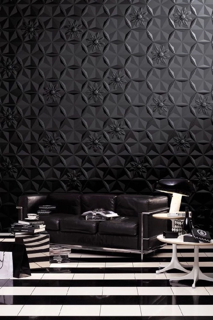 honeycomb floral wall 3d wallpaper, black leather sofa, black and white striped floor, accent wall living room
