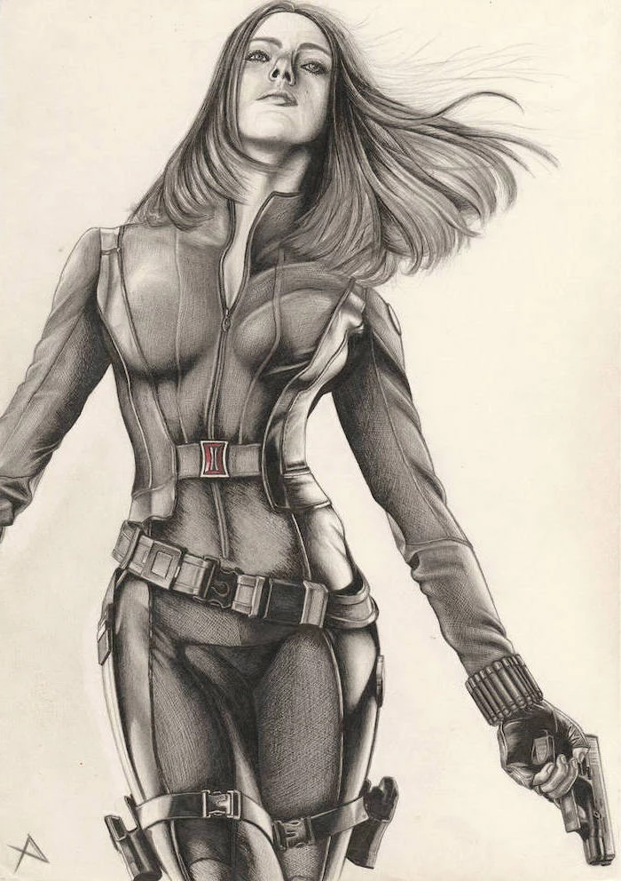 black widow drawing, black suit, gun in hand, woman drawing, long hair, white background