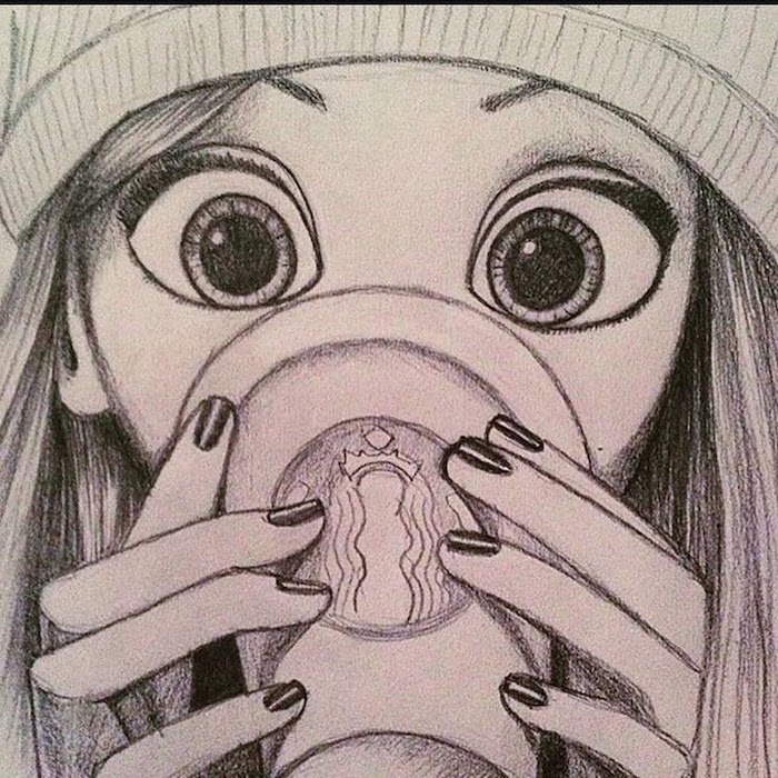 starbucks cup, black nail polishes, white beanie, how to draw a girl face, big eyes