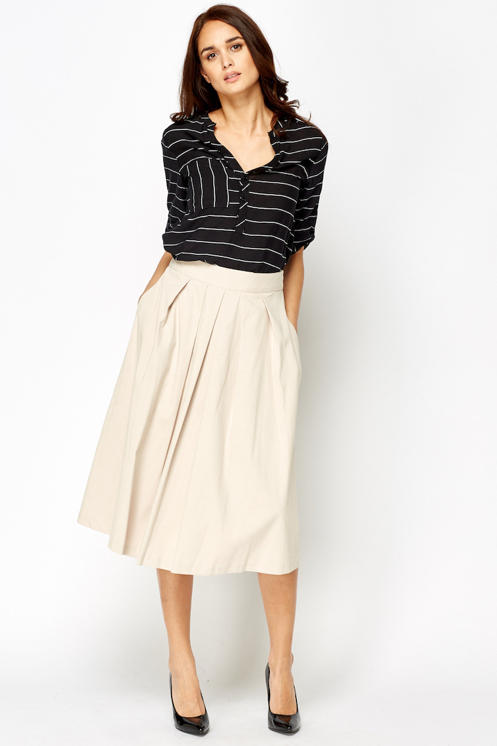black and white stripe top, beige midi skirt, womens business casual clothing, black pointed heels