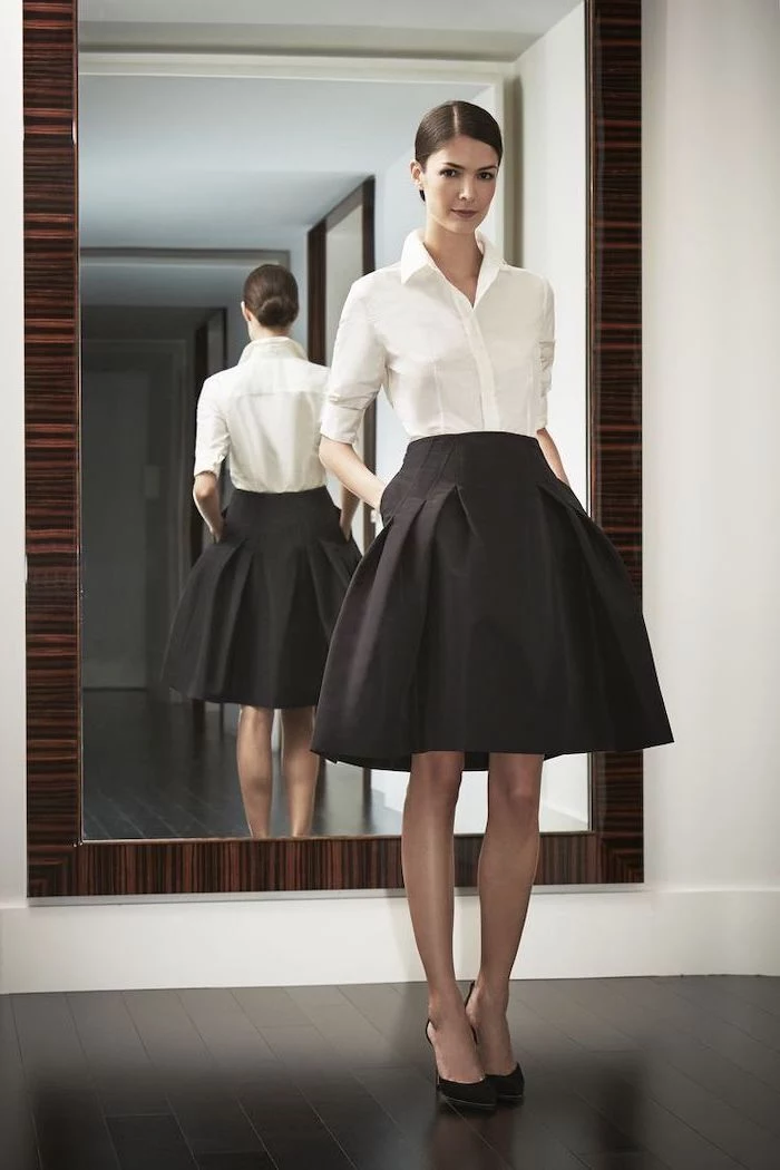 white shirt, black skirt, outfit casual, black pointed heels