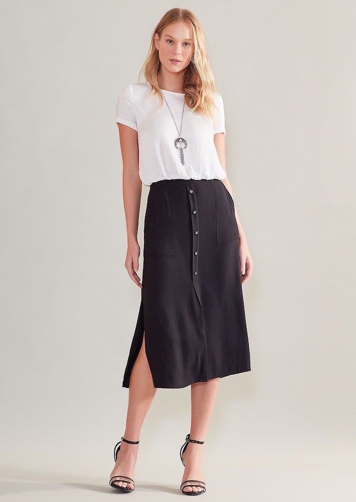 black midi skirt, white shirt, black open toe shoes, outfit casual