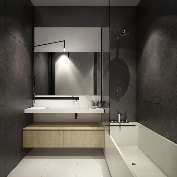 floating wooden shelf, bathroom shower ideas, black tiled walls, large mirror