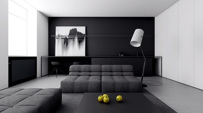 grey sofas, wall treatments, black wall with an abstract paintings, grey floor