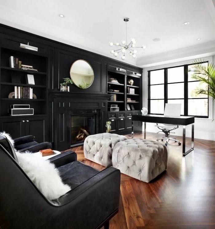 large wooden bookcase with cupboards and shelves, small office ideas, black velvet armchairs, grey velvet stools