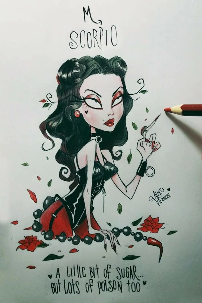 scorpio zodiac sign drawing, girl drawing easy, long black wavy hair, red pencil and nail polish