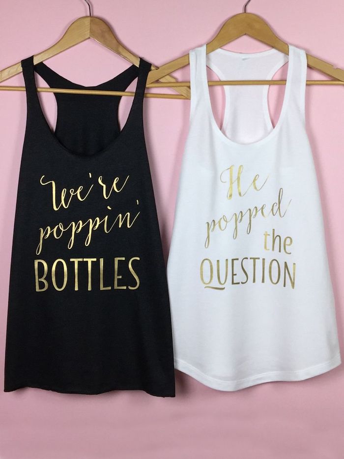 bachelorette shirt ideas, we're poppin bottle black top, he popped the question white top, pink background