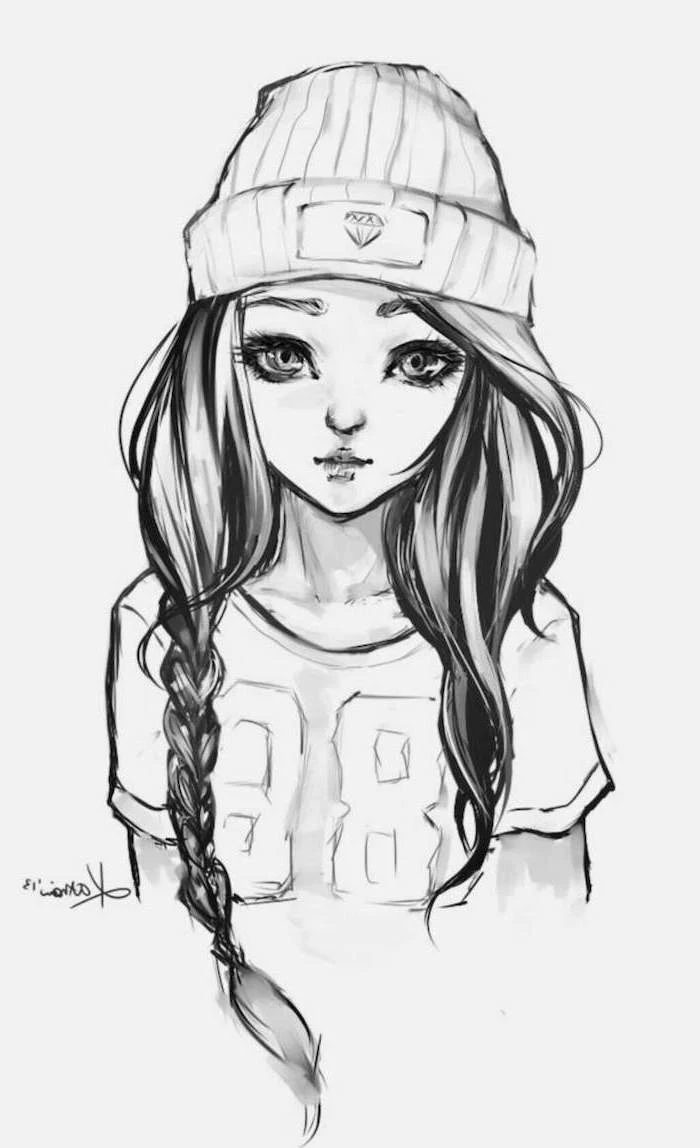 black and white sketch, how to draw a girl face, long black braided hair, beanie on head