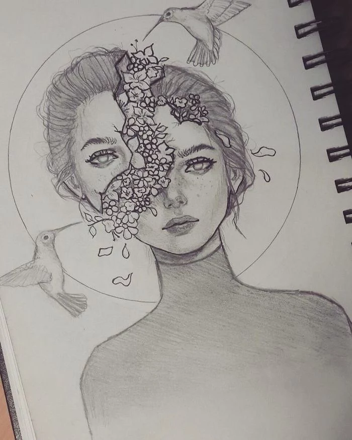 black and white sketch of a girl, head split, flower coming out of the head, face drawing