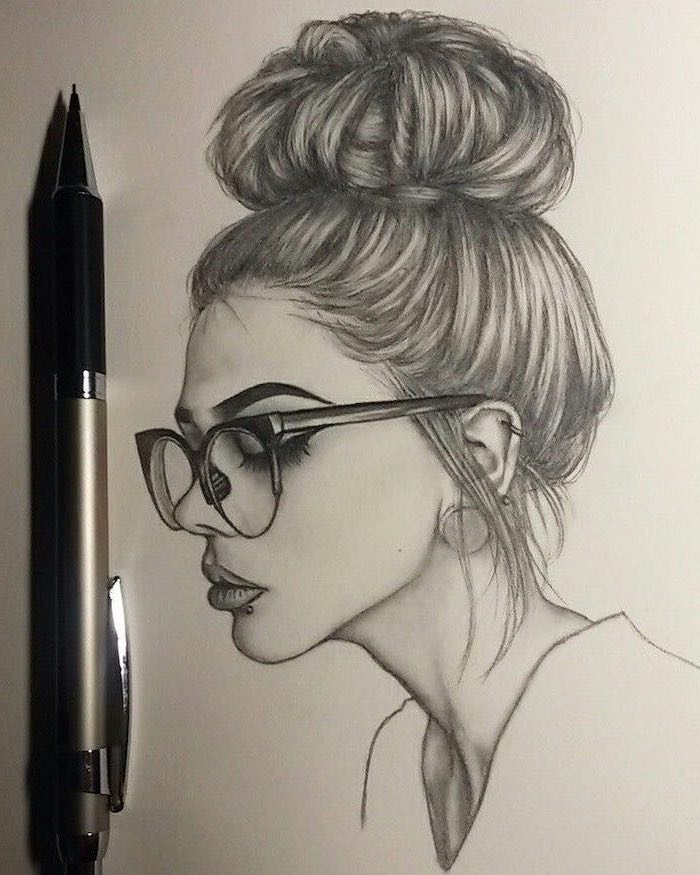 long hair in a bun, how to draw female body, black glasses, piercing on the lips, black and white drawing
