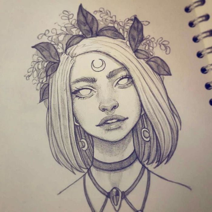 short blonde hair, black and white drawing, flower crown, how to draw female body, black necklaces