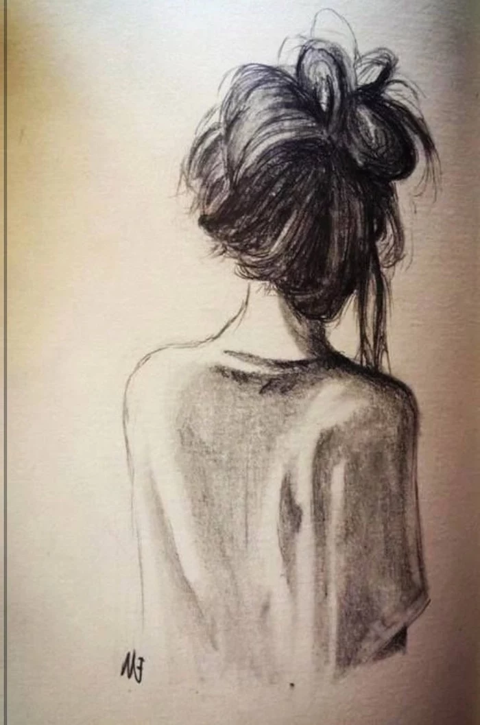long hair in a bun, how to draw female body, black and white sketch, white background